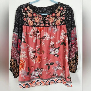 JOHN MARK Womens Boho Patchwork Floral Print Embroidered Peasant Blouse Size S‎